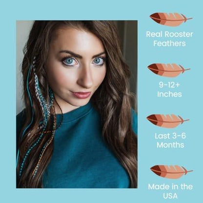 Feder-Haarverlängerungs-Kit mit echten Hahnenfedern, Schlaufe, Mikrolink-Perlen und kleiner Zange – Lange Naturtöne mit türkisen Accessoires