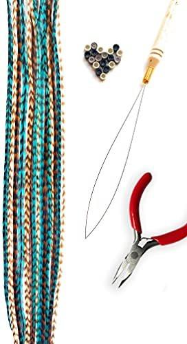 Feder-Haarverlängerungs-Kit mit echten Hahnenfedern, Schlaufe, Mikrolink-Perlen und kleiner Zange – Lange Naturtöne mit türkisen Accessoires