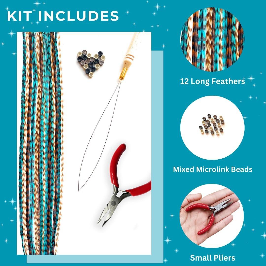 Feder-Haarverlängerungs-Kit mit echten Hahnenfedern, Schlaufe, Mikrolink-Perlen und kleiner Zange – Lange Naturtöne mit türkisen Accessoires