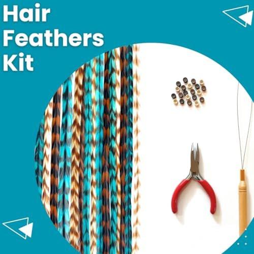 Feder-Haarverlängerungs-Kit mit echten Hahnenfedern, Schlaufe, Mikrolink-Perlen und kleiner Zange – Lange Naturtöne mit türkisen Accessoires