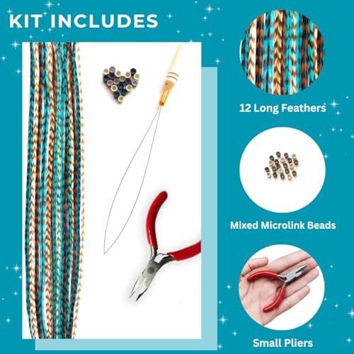 Feder-Haarverlängerungs-Kit mit echten Hahnenfedern, Schlaufe, Mikrolink-Perlen und kleiner Zange – Lange Naturtöne mit türkisen Accessoires