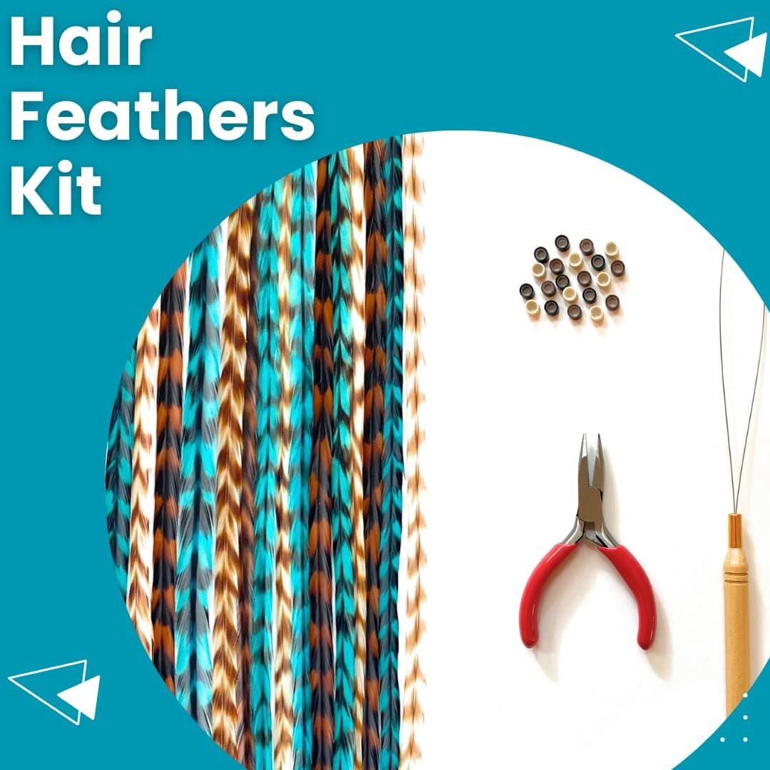 Feder-Haarverlängerungs-Kit mit echten Hahnenfedern, Schlaufe, Mikrolink-Perlen und kleiner Zange – Lange Naturtöne mit türkisen Accessoires