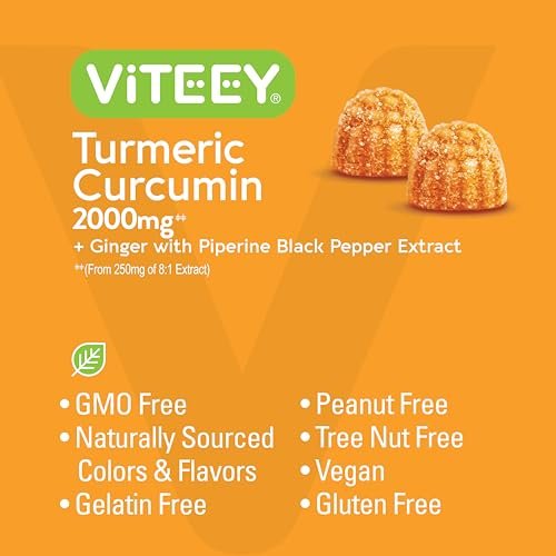 Viteey Turmeric Gummis mit Curcumin, Ingwer & Schwarzem Pfeffer – Immununterstützung, gesunde Haut & Gelenke – Vegan, Gelatinefrei, GVO-frei – Leckere kaubare Pfirsich-Gummis – 60 Stück