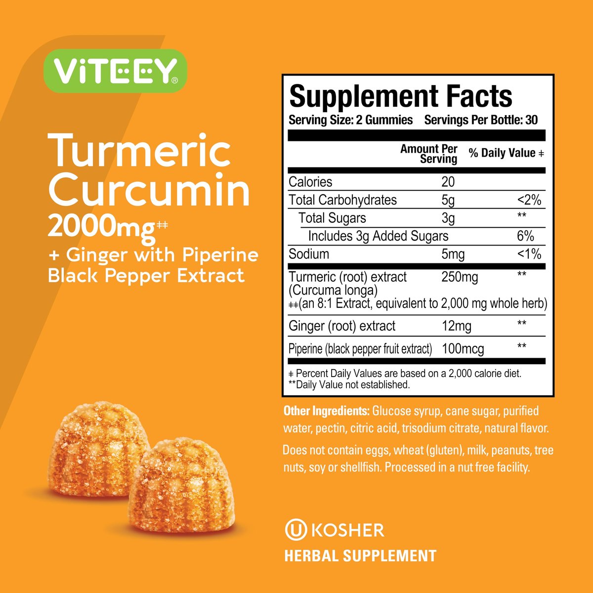 Viteey Turmeric Gummis mit Curcumin, Ingwer & Schwarzem Pfeffer – Immununterstützung, gesunde Haut & Gelenke – Vegan, Gelatinefrei, GVO-frei – Leckere kaubare Pfirsich-Gummis – 60 Stück