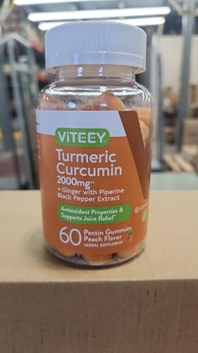 Viteey Turmeric Gummis mit Curcumin, Ingwer & Schwarzem Pfeffer – Immununterstützung, gesunde Haut & Gelenke – Vegan, Gelatinefrei, GVO-frei – Leckere kaubare Pfirsich-Gummis – 60 Stück