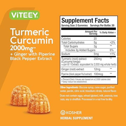 Viteey Turmeric Gummis mit Curcumin, Ingwer & Schwarzem Pfeffer – Immununterstützung, gesunde Haut & Gelenke – Vegan, Gelatinefrei, GVO-frei – Leckere kaubare Pfirsich-Gummis – 60 Stück
