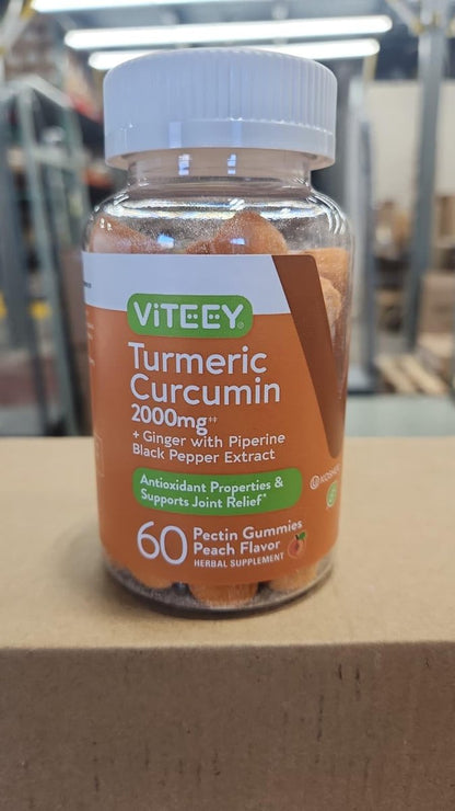 Viteey Turmeric Gummis mit Curcumin, Ingwer & Schwarzem Pfeffer – Immununterstützung, gesunde Haut & Gelenke – Vegan, Gelatinefrei, GVO-frei – Leckere kaubare Pfirsich-Gummis – 60 Stück