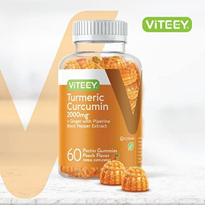 Viteey Turmeric Gummis mit Curcumin, Ingwer & Schwarzem Pfeffer – Immununterstützung, gesunde Haut & Gelenke – Vegan, Gelatinefrei, GVO-frei – Leckere kaubare Pfirsich-Gummis – 60 Stück