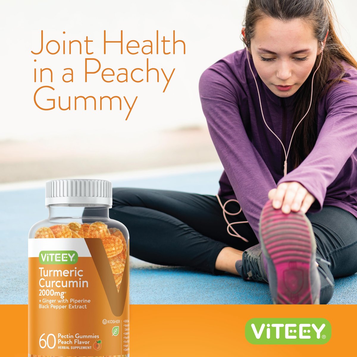 Viteey Turmeric Gummis mit Curcumin, Ingwer & Schwarzem Pfeffer – Immununterstützung, gesunde Haut & Gelenke – Vegan, Gelatinefrei, GVO-frei – Leckere kaubare Pfirsich-Gummis – 60 Stück