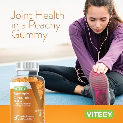 Viteey Turmeric Gummis mit Curcumin, Ingwer & Schwarzem Pfeffer – Immununterstützung, gesunde Haut & Gelenke – Vegan, Gelatinefrei, GVO-frei – Leckere kaubare Pfirsich-Gummis – 60 Stück