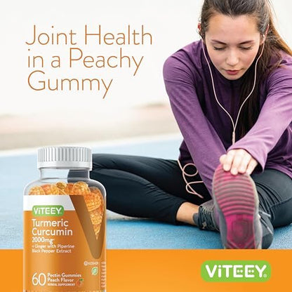Viteey Turmeric Gummis mit Curcumin, Ingwer & Schwarzem Pfeffer – Immununterstützung, gesunde Haut & Gelenke – Vegan, Gelatinefrei, GVO-frei – Leckere kaubare Pfirsich-Gummis – 60 Stück