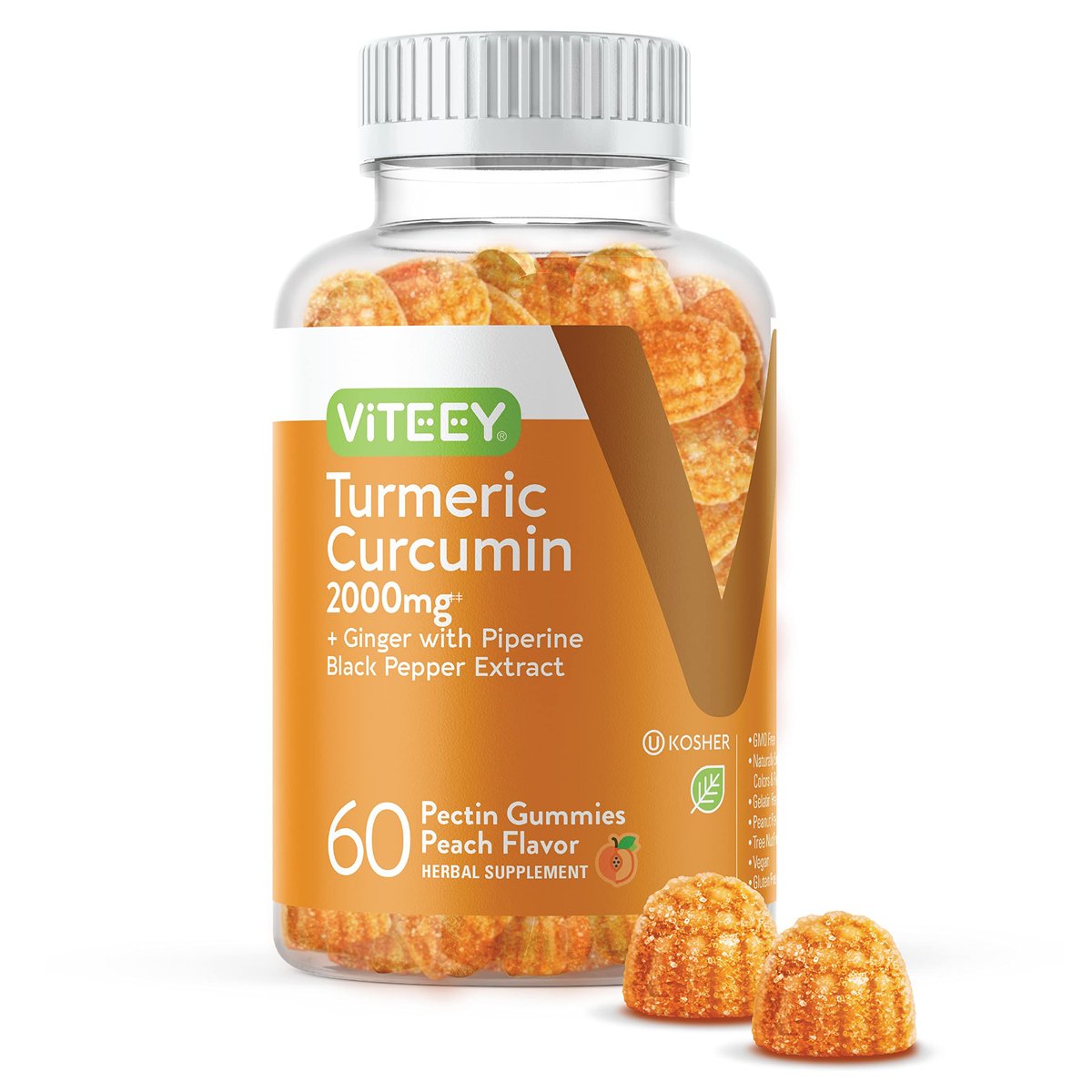 Viteey Turmeric Gummis mit Curcumin, Ingwer & Schwarzem Pfeffer – Immununterstützung, gesunde Haut & Gelenke – Vegan, Gelatinefrei, GVO-frei – Leckere kaubare Pfirsich-Gummis – 60 Stück