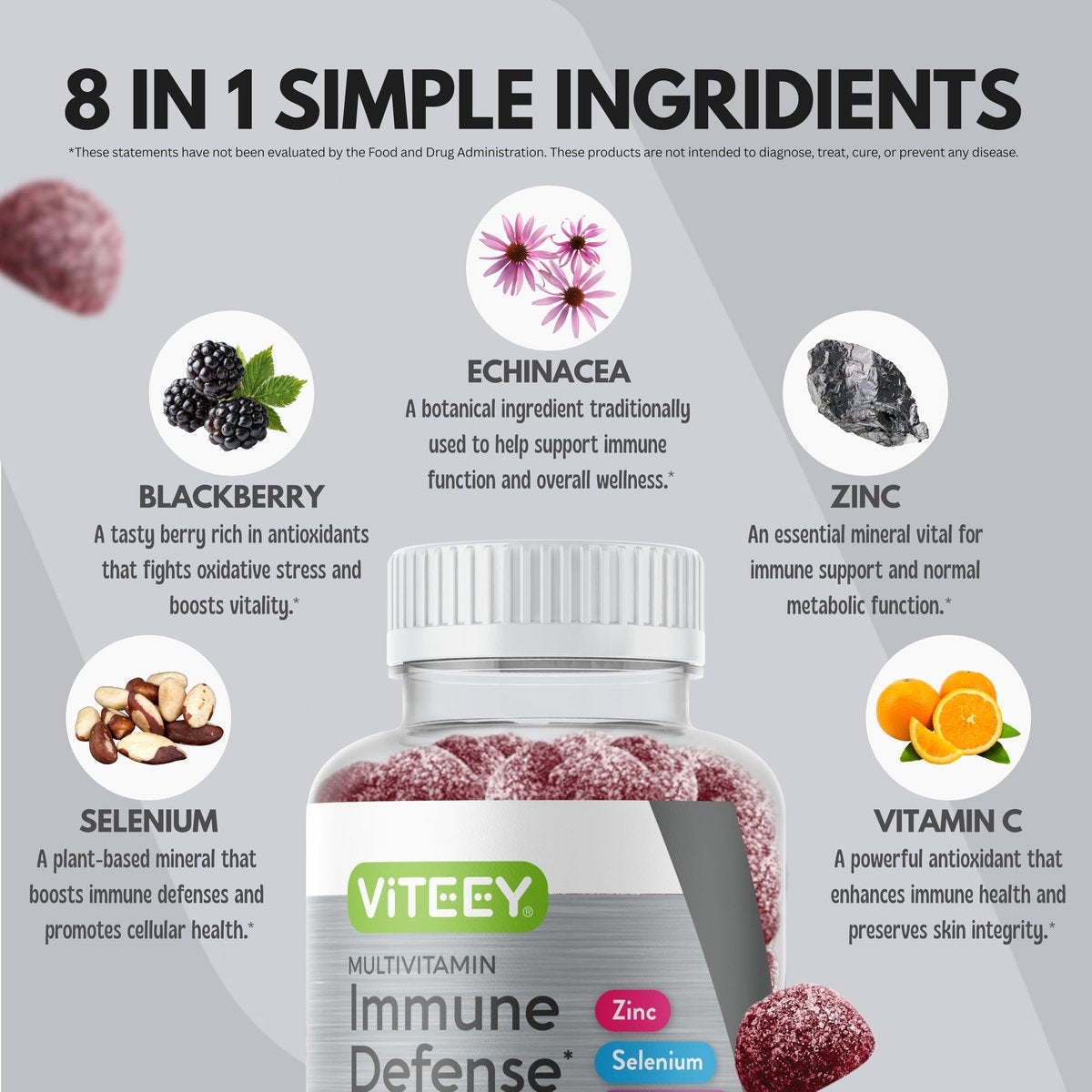 Viteey Multivitamin Gummis 8-in-1 mit Probiotika – Immunbooster für Erwachsene & Teenager – Vegan, Gelatinefrei, GMO-frei – Kaubare Beeren-Gummis zur Immunabwehr
