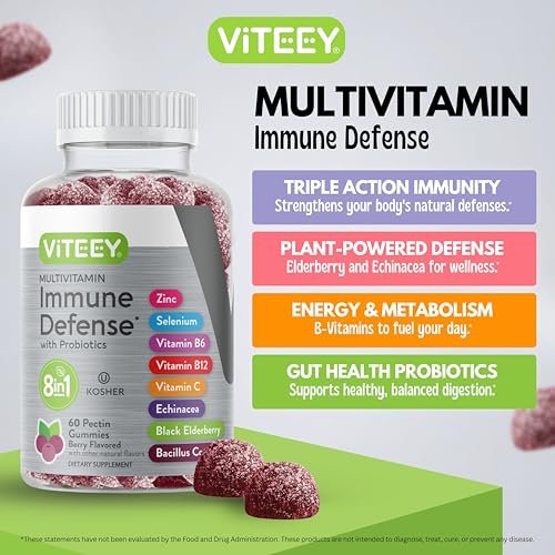 Viteey Multivitamin Gummis 8-in-1 mit Probiotika – Immunbooster für Erwachsene & Teenager – Vegan, Gelatinefrei, GMO-frei – Kaubare Beeren-Gummis zur Immunabwehr