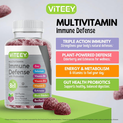 Viteey Multivitamin Gummis 8-in-1 mit Probiotika – Immunbooster für Erwachsene & Teenager – Vegan, Gelatinefrei, GMO-frei – Kaubare Beeren-Gummis zur Immunabwehr