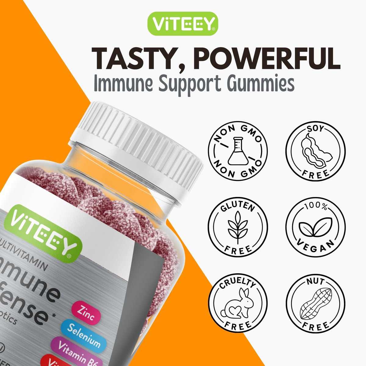 Viteey Multivitamin Gummis 8-in-1 mit Probiotika – Immunbooster für Erwachsene & Teenager – Vegan, Gelatinefrei, GMO-frei – Kaubare Beeren-Gummis zur Immunabwehr