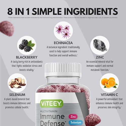 Viteey Multivitamin Gummis 8-in-1 mit Probiotika – Immunbooster für Erwachsene & Teenager – Vegan, Gelatinefrei, GMO-frei – Kaubare Beeren-Gummis zur Immunabwehr