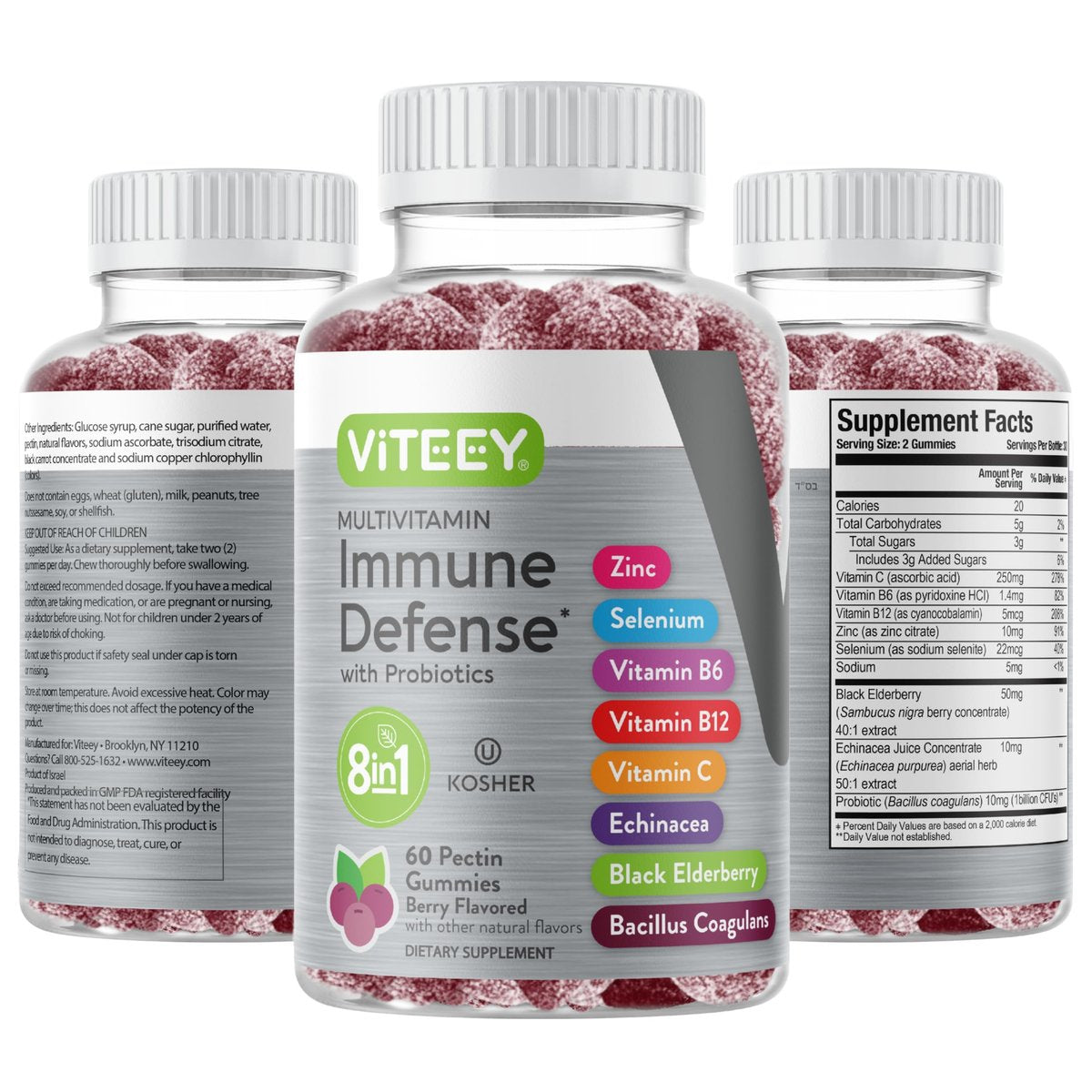Viteey Multivitamin Gummis 8-in-1 mit Probiotika – Immunbooster für Erwachsene & Teenager – Vegan, Gelatinefrei, GMO-frei – Kaubare Beeren-Gummis zur Immunabwehr