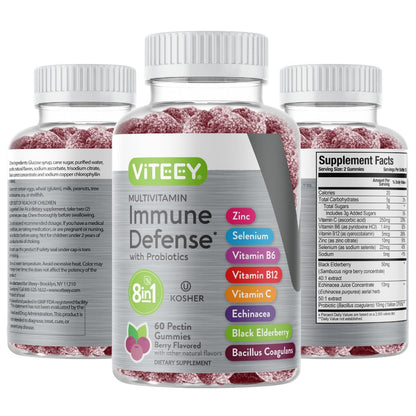Viteey Multivitamin Gummis 8-in-1 mit Probiotika – Immunbooster für Erwachsene & Teenager – Vegan, Gelatinefrei, GMO-frei – Kaubare Beeren-Gummis zur Immunabwehr