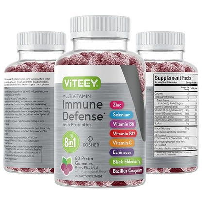 Viteey Multivitamin Gummis 8-in-1 mit Probiotika – Immunbooster für Erwachsene & Teenager – Vegan, Gelatinefrei, GMO-frei – Kaubare Beeren-Gummis zur Immunabwehr