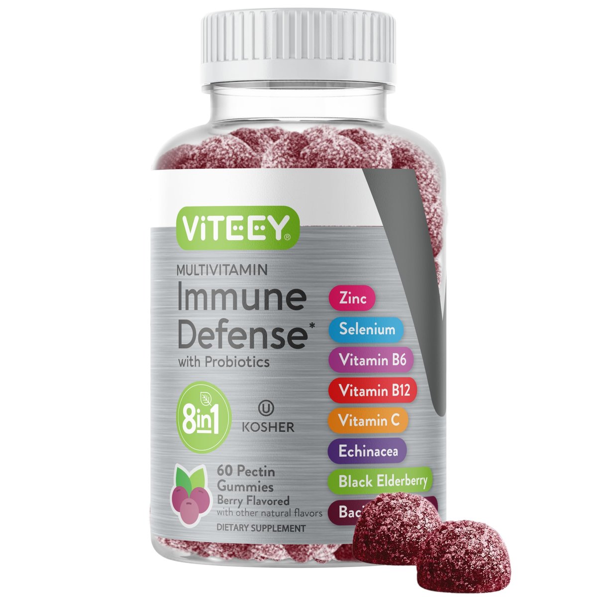 Viteey Multivitamin Gummis 8-in-1 mit Probiotika – Immunbooster für Erwachsene & Teenager – Vegan, Gelatinefrei, GMO-frei – Kaubare Beeren-Gummis zur Immunabwehr