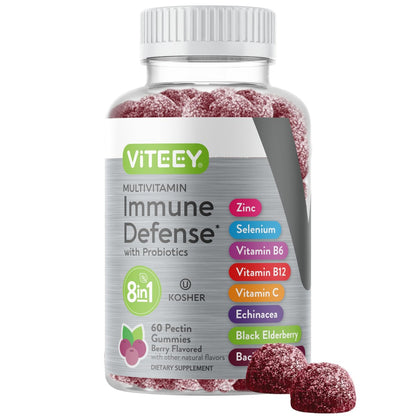 Viteey Multivitamin Gummis 8-in-1 mit Probiotika – Immunbooster für Erwachsene & Teenager – Vegan, Gelatinefrei, GMO-frei – Kaubare Beeren-Gummis zur Immunabwehr