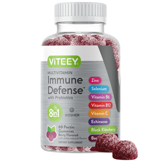 Viteey Multivitamin Gummis 8-in-1 mit Probiotika – Immunbooster für Erwachsene & Teenager – Vegan, Gelatinefrei, GMO-frei – Kaubare Beeren-Gummis zur Immunabwehr