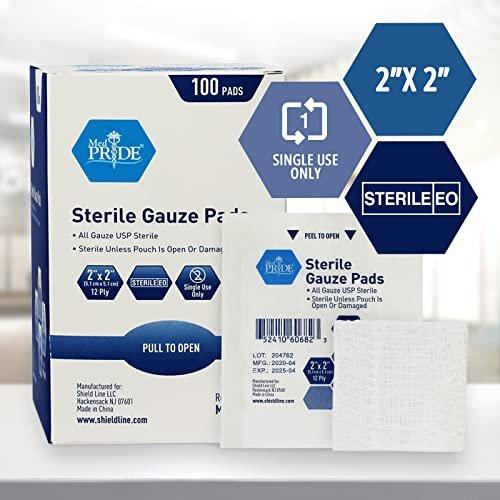 MED PRIDE Sterile Nonstick Gauze Kompressen, 12-lagige Baumwolle, hoch saugfähig, einzeln verpackt für Wundversorgung und Erste Hilfe (2x2 Zoll, 100 Stück)