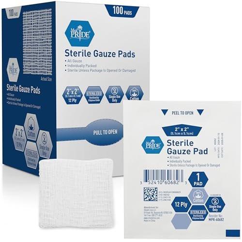 MED PRIDE Sterile Nonstick Gauze Kompressen, 12-lagige Baumwolle, hoch saugfähig, einzeln verpackt für Wundversorgung und Erste Hilfe (2x2 Zoll, 100 Stück)