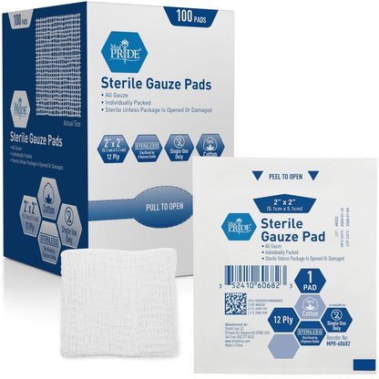 MED PRIDE Sterile Nonstick Gauze Kompressen, 12-lagige Baumwolle, hoch saugfähig, einzeln verpackt für Wundversorgung und Erste Hilfe (2x2 Zoll, 100 Stück)