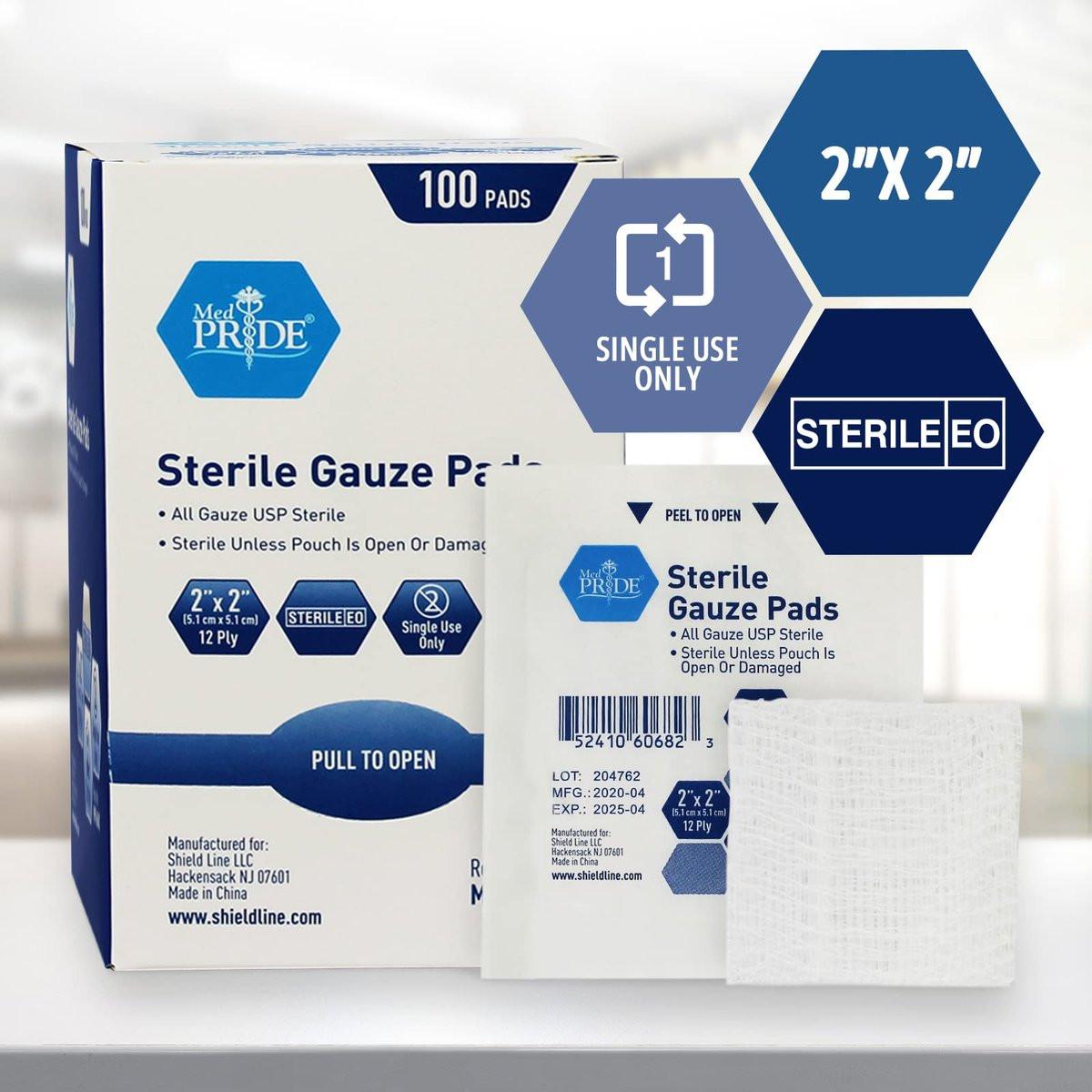 MED PRIDE Sterile Nonstick Gauze Kompressen, 12-lagige Baumwolle, hoch saugfähig, einzeln verpackt für Wundversorgung und Erste Hilfe (2x2 Zoll, 100 Stück)