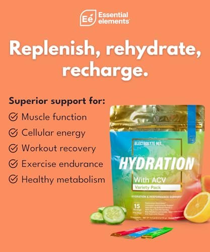 Essential Elements Hydration Packets - Sortenvielfalt - Zuckerfreie Elektrolyte Pulverbeutel - 15 Stick-Packs mit Elektrolyten ohne Zucker - Hydrationsgetränk - mit ACV & Vitamin C