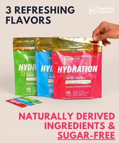 Essential Elements Hydration Packets - Sortenvielfalt - Zuckerfreie Elektrolyte Pulverbeutel - 15 Stick-Packs mit Elektrolyten ohne Zucker - Hydrationsgetränk - mit ACV & Vitamin C