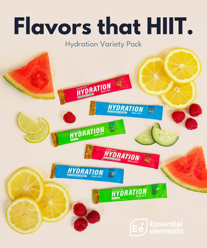 Essential Elements Hydration Packets - Sortenvielfalt - Zuckerfreie Elektrolyte Pulverbeutel - 15 Stick-Packs mit Elektrolyten ohne Zucker - Hydrationsgetränk - mit ACV & Vitamin C
