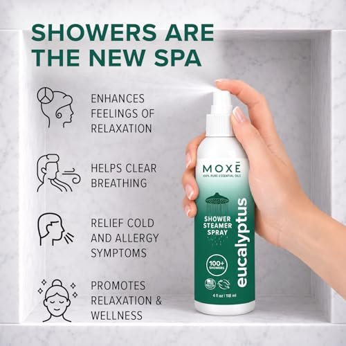 MOXĒ Eukalyptusöl-Duschnebel, Spa-Dampfspray, zertifiziert natürliche 100% ätherische Öle, hergestellt in USA, Aromatherapie, lindert Nebenhöhlenverstopfung und Verspannungen, 118 ml