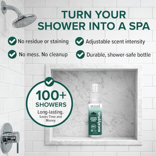 MOXĒ Eukalyptusöl-Duschnebel, Spa-Dampfspray, zertifiziert natürliche 100% ätherische Öle, hergestellt in USA, Aromatherapie, lindert Nebenhöhlenverstopfung und Verspannungen, 118 ml