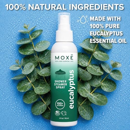 MOXĒ Eukalyptusöl-Duschnebel, Spa-Dampfspray, zertifiziert natürliche 100% ätherische Öle, hergestellt in USA, Aromatherapie, lindert Nebenhöhlenverstopfung und Verspannungen, 118 ml