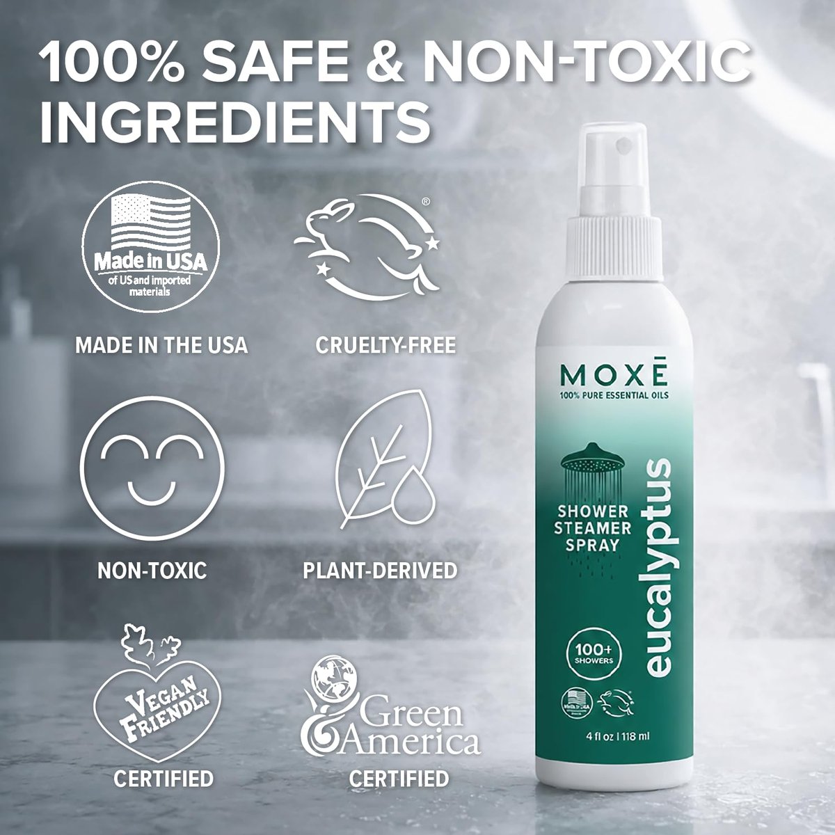 MOXĒ Eukalyptusöl-Duschnebel, Spa-Dampfspray, zertifiziert natürliche 100% ätherische Öle, hergestellt in USA, Aromatherapie, lindert Nebenhöhlenverstopfung und Verspannungen, 118 ml