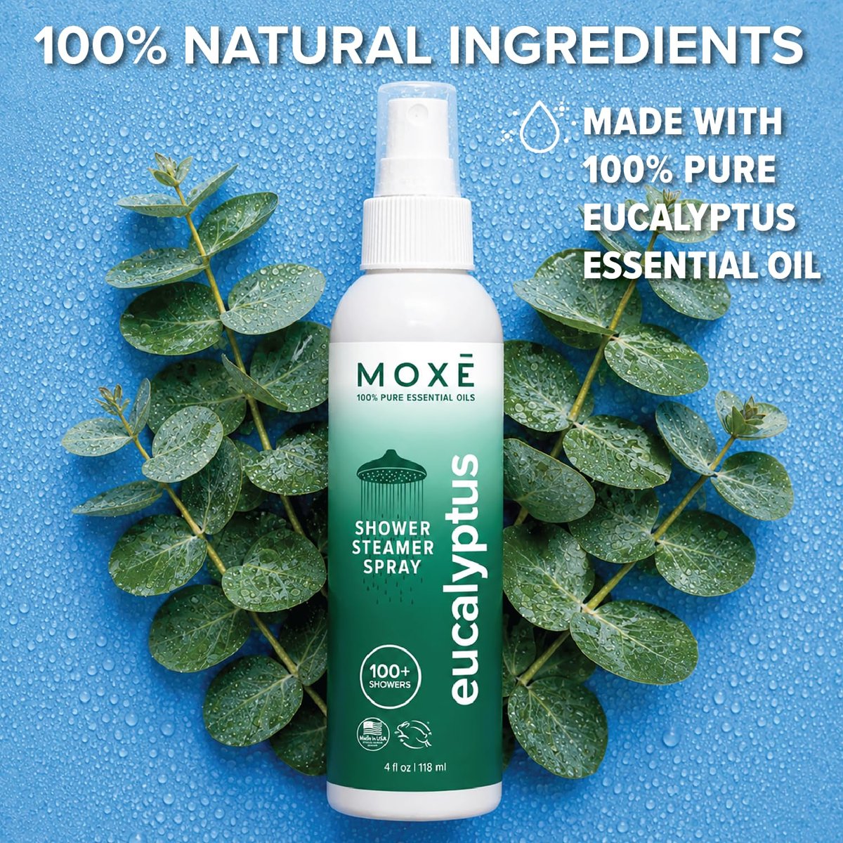 MOXĒ Eukalyptusöl-Duschnebel, Spa-Dampfspray, zertifiziert natürliche 100% ätherische Öle, hergestellt in USA, Aromatherapie, lindert Nebenhöhlenverstopfung und Verspannungen, 118 ml