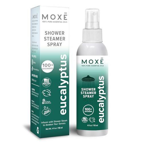 MOXĒ Eukalyptusöl-Duschnebel, Spa-Dampfspray, zertifiziert natürliche 100% ätherische Öle, hergestellt in USA, Aromatherapie, lindert Nebenhöhlenverstopfung und Verspannungen, 118 ml