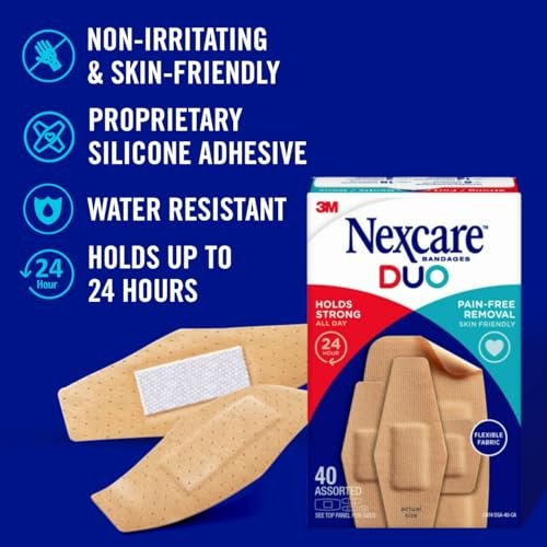 Nexcare Duo Pflaster, schmerzloses Entfernen, starke Haftung für 24 Stunden, flexible Stoffkonstruktion – 40er-Packung in verschiedenen Größen