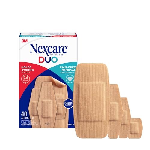 Nexcare Duo Pflaster, schmerzloses Entfernen, starke Haftung für 24 Stunden, flexible Stoffkonstruktion – 40er-Packung in verschiedenen Größen
