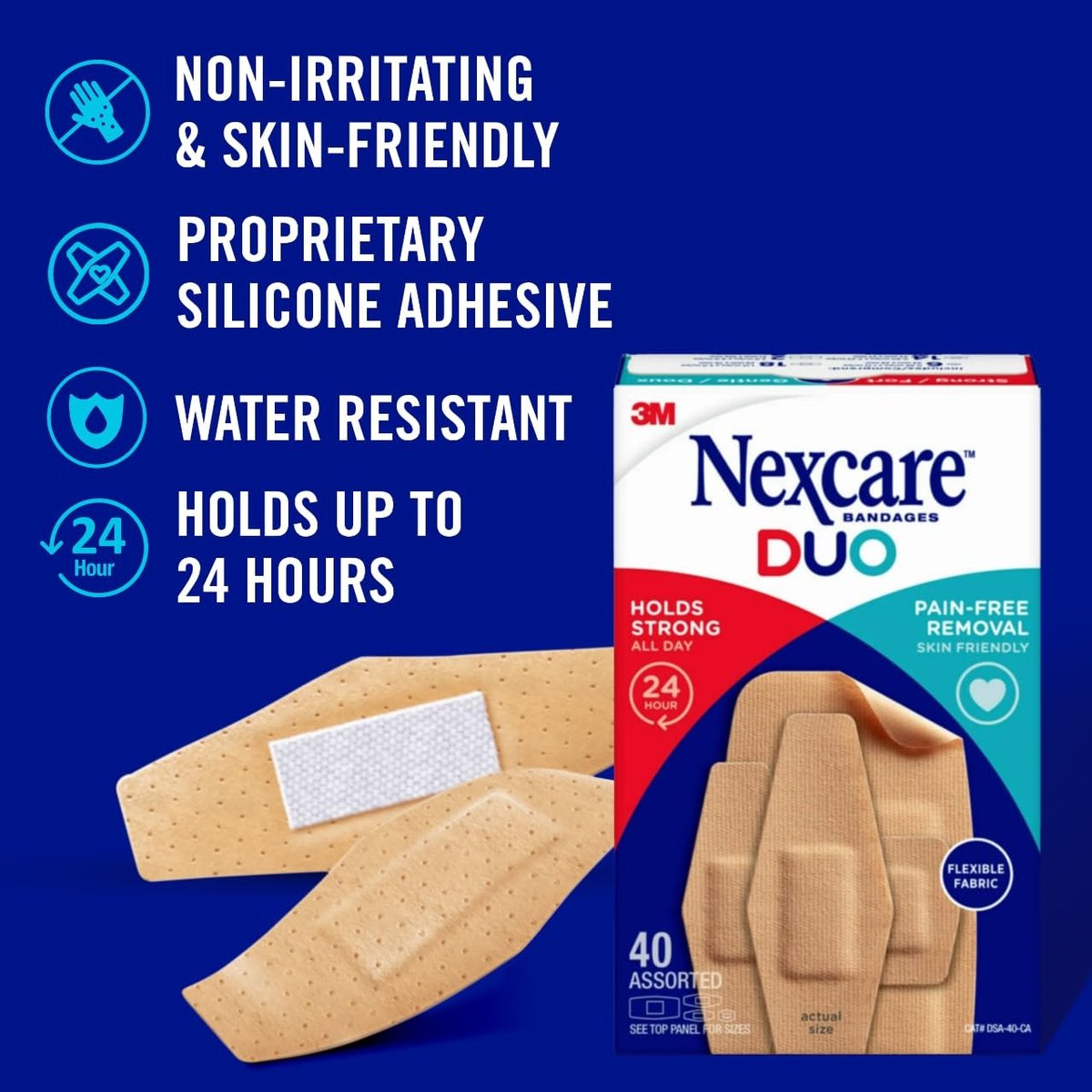 Nexcare Duo Pflaster, schmerzloses Entfernen, starke Haftung für 24 Stunden, flexible Stoffkonstruktion – 40er-Packung in verschiedenen Größen