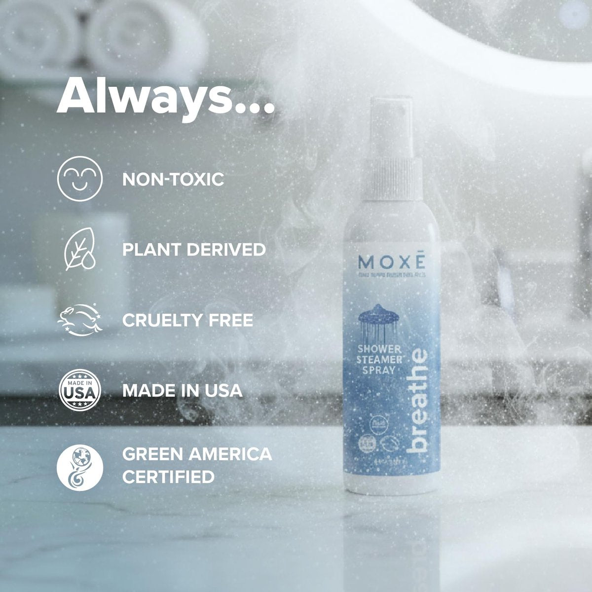 MOXE Breathe Shower Mist – Eukalyptus & Pfefferminze, 100% natürliche ätherische Öle, Aromatherapie-Dampfspray, 118 ml