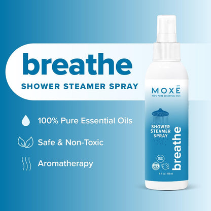 MOXE Breathe Shower Mist – Eukalyptus & Pfefferminze, 100% natürliche ätherische Öle, Aromatherapie-Dampfspray, 118 ml