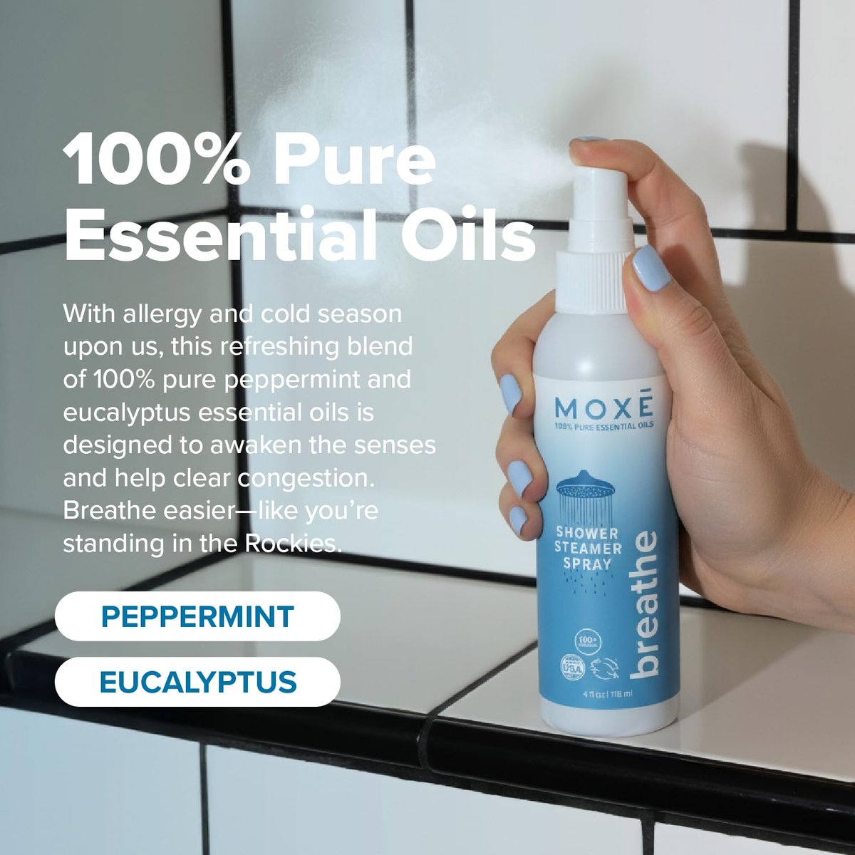 MOXE Breathe Shower Mist – Eukalyptus & Pfefferminze, 100% natürliche ätherische Öle, Aromatherapie-Dampfspray, 118 ml