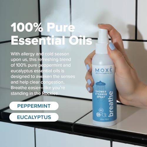 MOXE Breathe Shower Mist – Eukalyptus & Pfefferminze, 100% natürliche ätherische Öle, Aromatherapie-Dampfspray, 118 ml