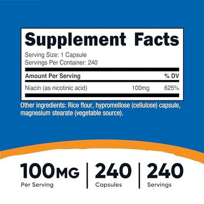 Nutricost Niacin (Vitamin B3) 100mg, 240 Kapseln – mit Flush, Non-GMO, Glutenfrei