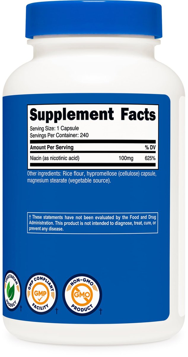 Nutricost Niacin (Vitamin B3) 100mg, 240 Kapseln – mit Flush, Non-GMO, Glutenfrei