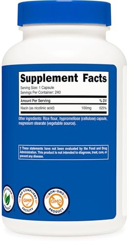 Nutricost Niacin (Vitamin B3) 100mg, 240 Kapseln – mit Flush, Non-GMO, Glutenfrei